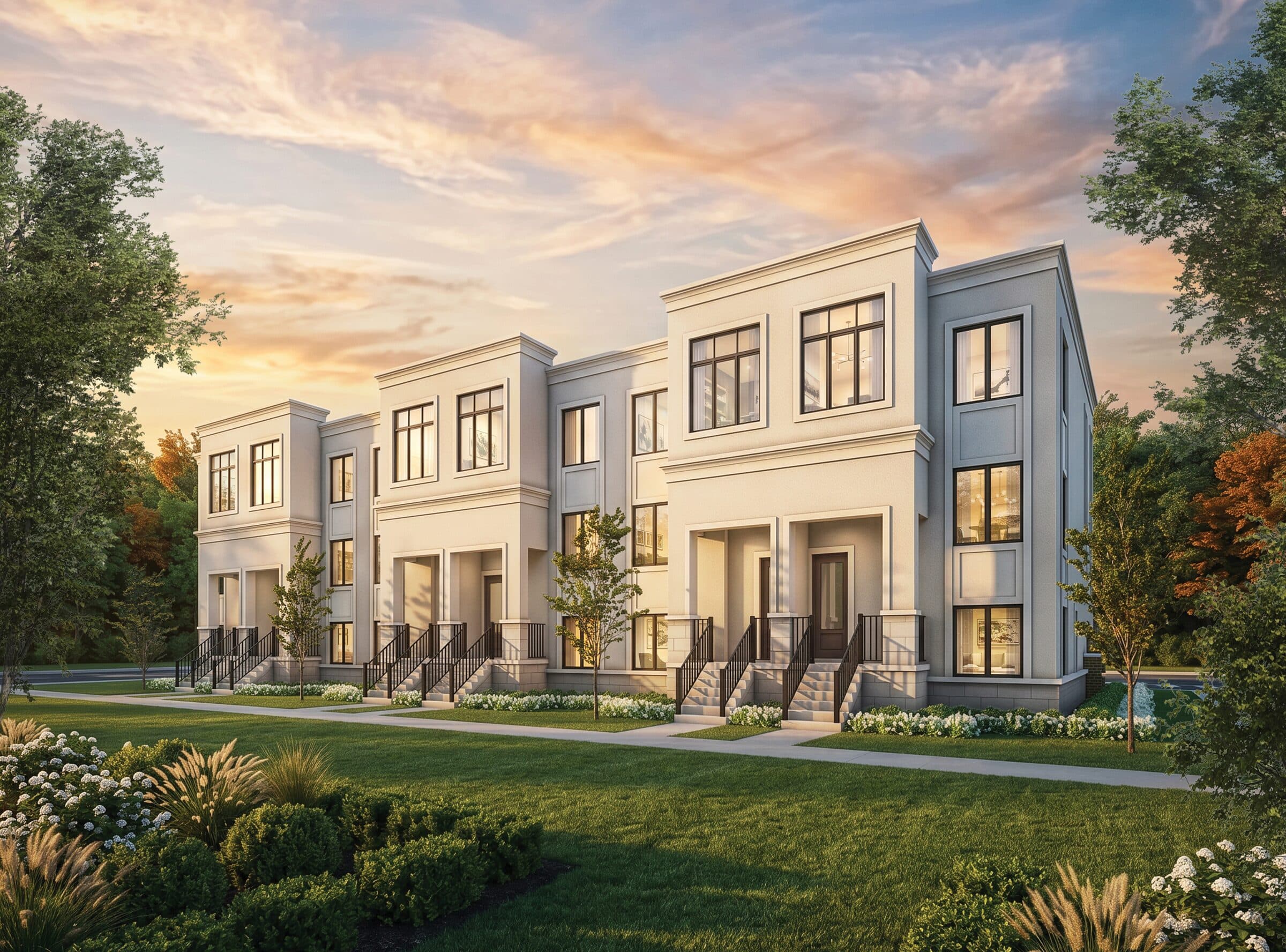 Artist's concept of the Avella townhomes exterior at dusk in Aurora